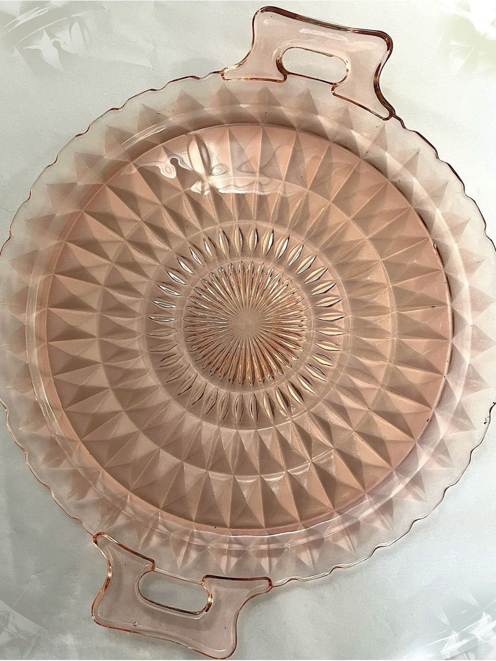 Blush Pink Depression Era Glass Round Serving Platter with Handles